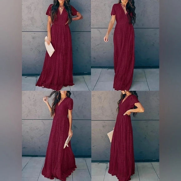 MEROKEETY V Neck Lace Wine ColorWedding Dress Bridesmaid Cocktail Maxi Dress - Picture 2 of 11